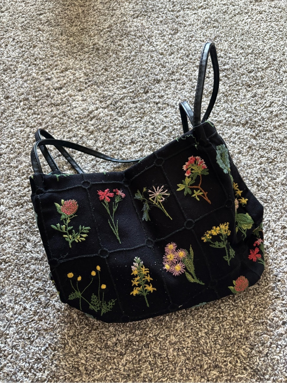 Embroidered Black Floral Tote Bag